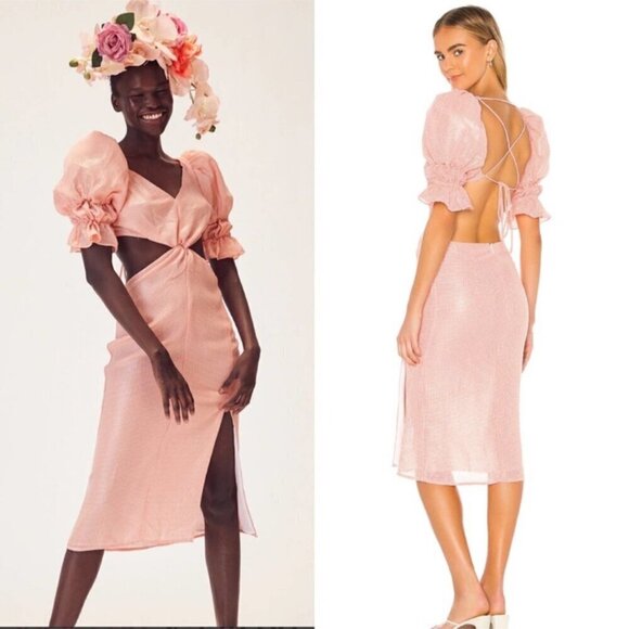 LPA Revolve EDITH DRESS IN ORANGE HOUNDSTOOTH Medium MIDI - Picture 2 of 5